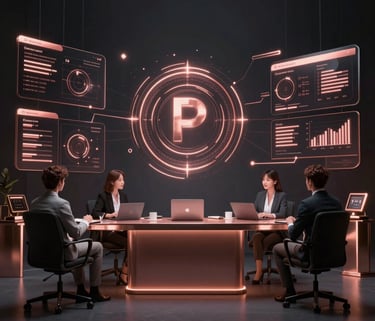 3D render of Diamond Renee in rose-gold and charcoal tones, standing in a high-tech architectural command room.