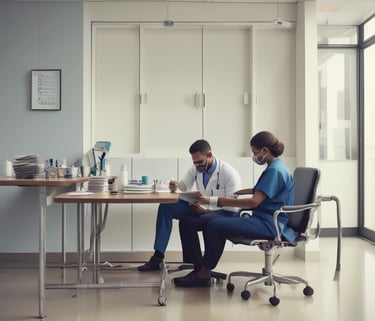 A smiling physician assisting a patient in a small-town hospital.