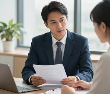A professional legal advocate in business attire reviewing documents with a client in a bright, modern office in the US. The room is filled with soft natural light and the atmosphere is one of focused empathy. Prussian Blue and Honeydew color accents appear in the decor.