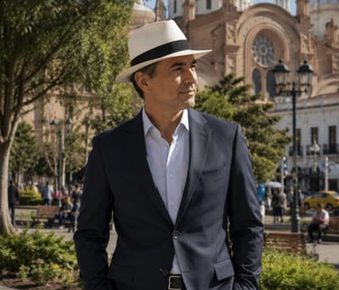 Señor en el parque de Cuenca usando un sombrero de paja toquilla