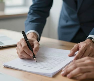 A close-up photograph of two sets of hands reviewing a professional document on a wooden desk in a bright, modern Northern European office. Soft daylight, professional atmosphere with steel blue and light blue accents.