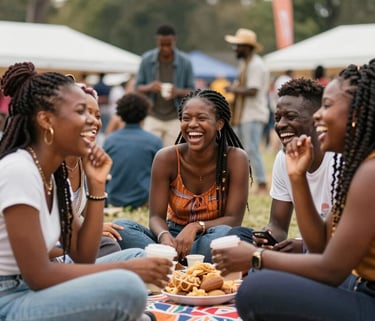 A group of Detroit residents gathered in a local park, sharing ideas and smiling.