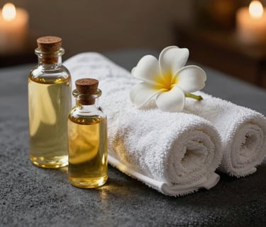 A close-up photograph of a professional South Asian / Indian spa setting featuring gold massage oils in glass bottles next to rolled white towels and a single frangipani flower, soft warm lighting, charcoal gray accents.
