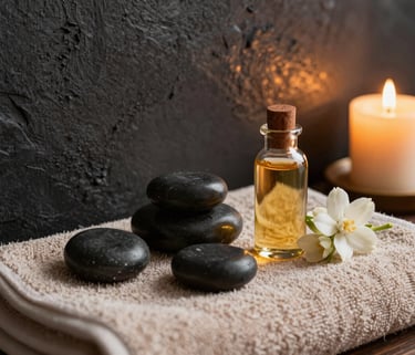 A close-up photograph of a professional South Asian spa setting. Warm gold candlelight reflects off dark charcoal textured walls. Smooth stones, fresh jasmine flowers, and a glass bottle of amber aroma oil sit on a light beige towel.