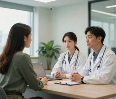 A collaborative meeting between a doctor and a lifestyle coach in a modern, light-filled North American medical office with green accents.