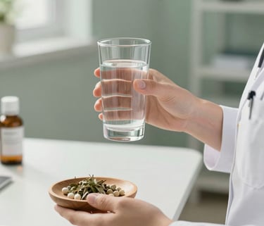A close-up photograph of a professional healthcare practitioner’s hands in a modern, sun-drenched North American / US medical office. They are holding a minimalist glass of water and a small wooden tray with herbal supplements. The colors are muted sage green and off-white.