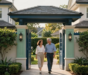 A high-quality photography shot of a mature couple walking hand-in-hand through a beautifully manicured, gated garden entrance in a North American / US residential community, warm afternoon sunlight, featuring Steel Blue and Sage Green accents in the architectural details.