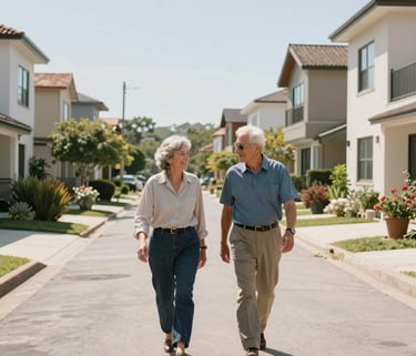 A wide, bright photograph of two active seniors in casual North American / US attire walking down a clean, sunlit village street lined with beautiful modern villas.