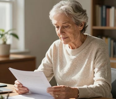 A focused North American senior professional in a soft ivory sweater sitting in a sunlit home office, reviewing financial documents with a calm expression, professional and warm atmosphere.