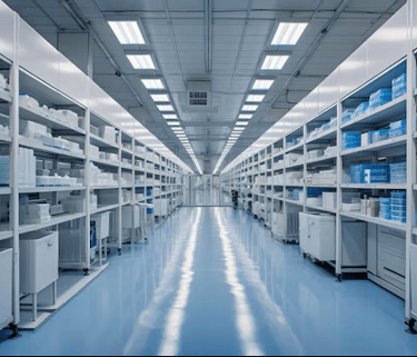 Modern pharmaceutical warehouse with organized medical supplies on white metal industrial shelving units.
