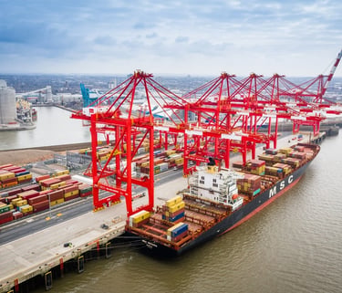 An aerial view of an MSC cargo ship docked at a port with large red gantry cranes loading shipping containers.