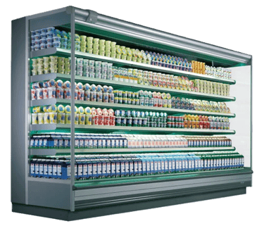Commercial multi-deck open display fridge stocked with dairy products and beverages.