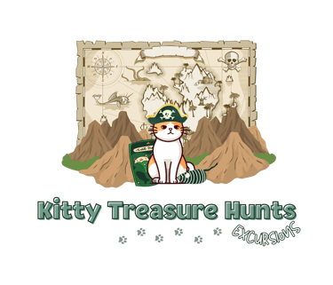 Julia's Pet Pals Boston MA Kitty Treasure Hunts Package featuring a pirate cat in front of a treasure map