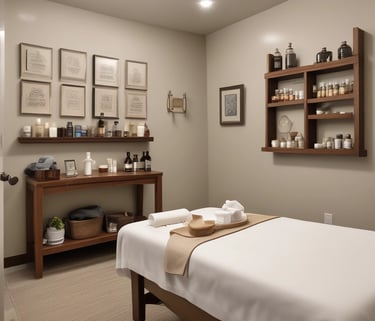 Various wellness and beauty products, including oils in bottles, a bowl of oil, dried flowers, crystals, a smudge stick, and a small dish of cream, are arranged aesthetically on a light surface. The scene is decorated with colorful flowers and herbs.