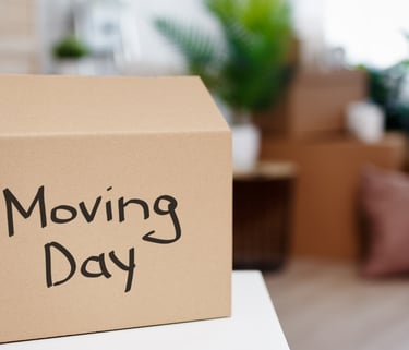 Image of a box marked moving day with the background of a living room