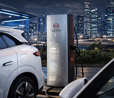 Carro elétrico BYD conectado a carregador ultrarrápido em estação de recarga