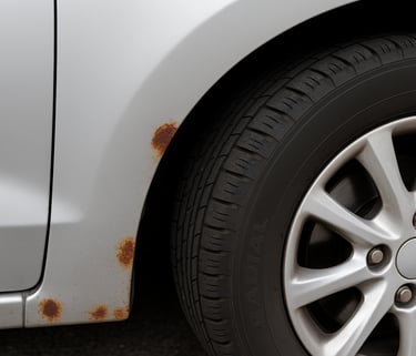 Detalhe de um Ford Ka Sedan prateado com pequenos pontos de ferrugem na parte inferior da porta.