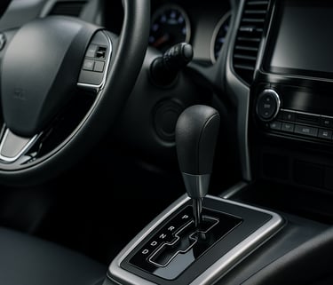 Alavanca de câmbio automático em destaque no console central de carro moderno, com painel iluminado 