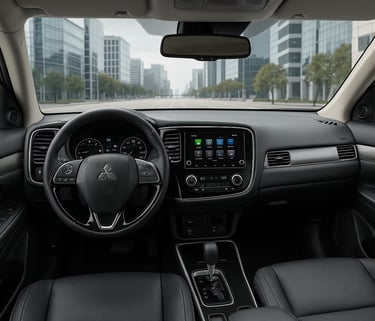 Interior do Mitsubishi Outlander V6, com volante, central multimídia e acabamento em couro