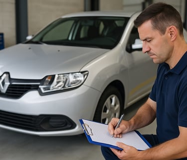 Logan prateado sendo vistoriado em oficina automotiva, com mecânico anotando detalhes em prancheta.