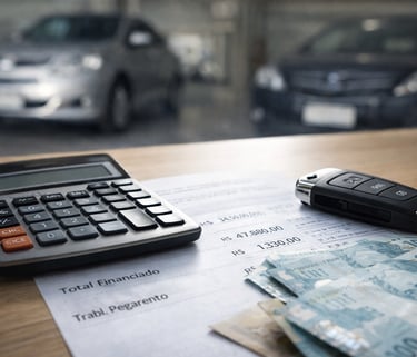 Contrato de financiamento de carro com calculadora, chave e notas de real sobre mesa, veículos desfo
