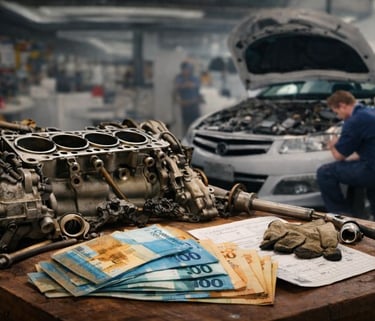 Motor desmontado sobre bancada com ferramentas, dinheiro e mecânico trabalhando em carro usado ao fu