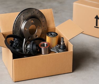 Caixa de papelão aberta com peças automotivas