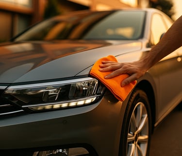 Carro metálico cinza sendo polido à mão com pano de microfibra laranja ao pôr do sol