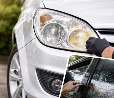 Farol de carro sendo polido e remoção de insulfilm antigo com bolhas no vidro lateral.