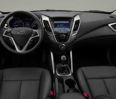Interior do Hyundai Veloster, painel central e volante em destaque com acabamento esportivo