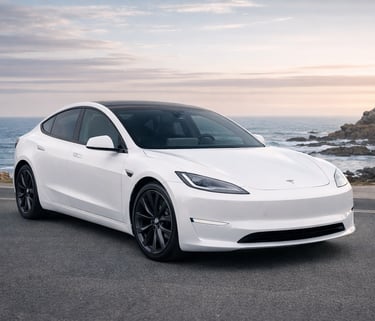 Tesla Model 3 branco em estrada com vista para o mar