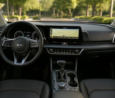 Interior da Kia Sportage 2022, com painel moderno iluminado, bancos de couro preto e volante multifu