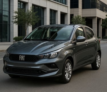Fiat Argo cinza estacionado em avenida urbana com prédios modernos ao fundo