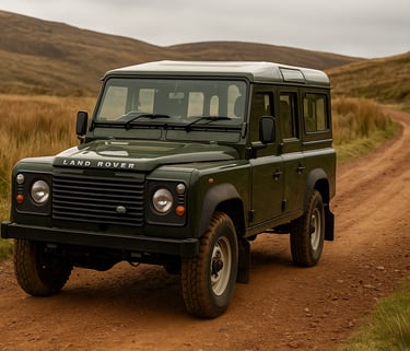 Land Rover Defender 110 antigo verde percorrendo estrada de terra em região rural montanhosa
