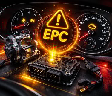 Luz EPC acesa no painel com alerta iluminado no painel do carro e componentes eletrônicos ao fundo