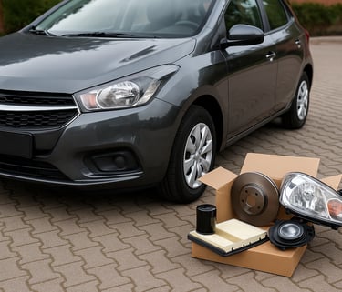 Carro hatch cinza estacionado com caixa de peças automotivas abertas ao lado, incluindo farol, filtr