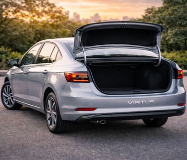 vw virtus estacionado com porta malas aberto
