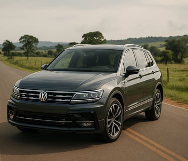 Volkswagen Tiguan R-Line 2.0 TSI em estrada de campo pavimentada com vegetação e céu nublado ao fund