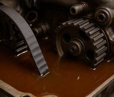 Close-up da correia banhada a óleo dentro do motor, com detalhe no tensionamento e óleo lubrificante