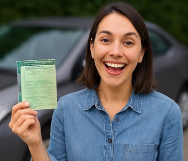 Mulher sorridente segurando documento de carro (CRLV) em frente a veículo, representando isenção de