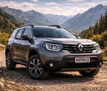 Renault Duster em estrada de terra, destacando altura do solo e visual robusto em cenário de montanh