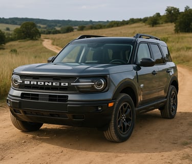 Ford Bronco Sport 2025 metálico em cenário off-road, estacionado em trilha de terra com vegetação ao