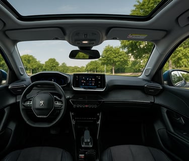 Interior do Peugeot 208 Griffe com painel i-Cockpit 3D aceso e teto panorâmico aberto