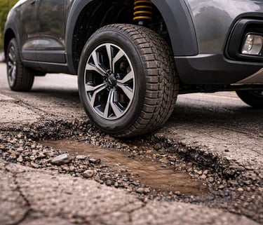 Roda e suspensão de SUV passando por rua esburacada, destacando altura do solo em uso urbano