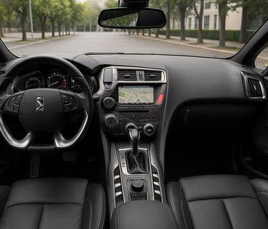 Interior do Citroën DS5 com acabamento em couro preto, painel moderno e teto panorâmico triplo em de