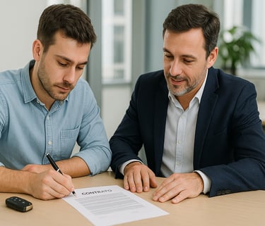 Cliente e vendedor assinando contrato de carro financiado em mesa com chave sobre os papéis