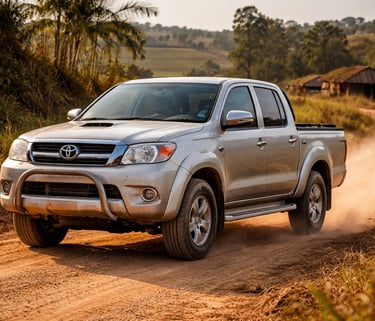 Toyota Hilux usada rodando em estrada de terra no interior do Brasil, simbolizando robustez e uso se