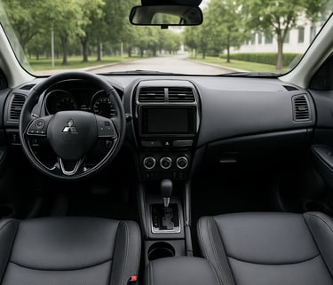 Interior do Mitsubishi ASX 2020 com painel moderno, volante multifuncional e bancos de couro preto.