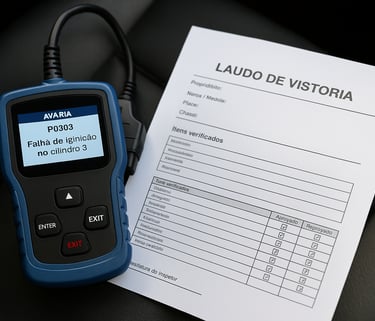 Scanner OBD2 mostrando falha de ignição em português ao lado de laudo de vistoria de veículo