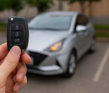 Mão segurando chave do HB20 com o carro prata desfocado ao fundo em estacionamento iluminado por luz